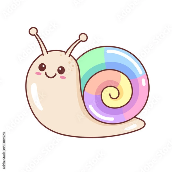 Fototapeta Cute kawaii smiling snail character with rainbow shell. Funny kids drawing, vector illustration
