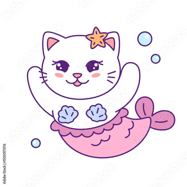 Fototapeta Cute kawaii mermaid cat, kitten with a fish tail. Funny cartoon style marine illustration