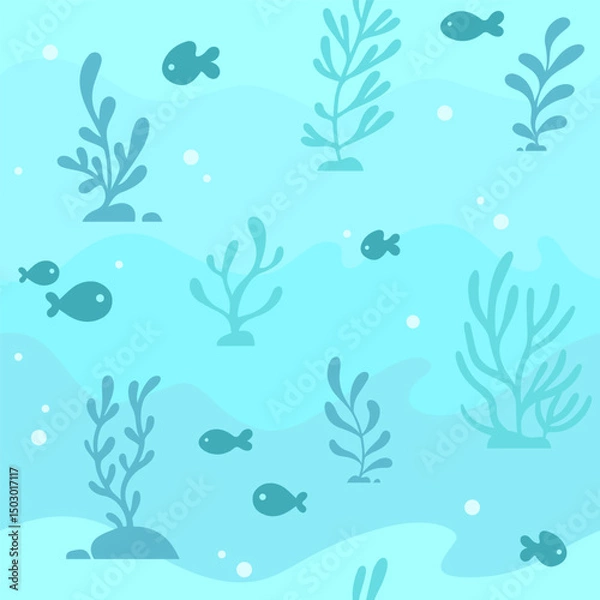 Fototapeta Sea, underwater, marine seamless pattern, background with seaweed and fishes silhouettes. Simple cartoon style vector drawing, illustration