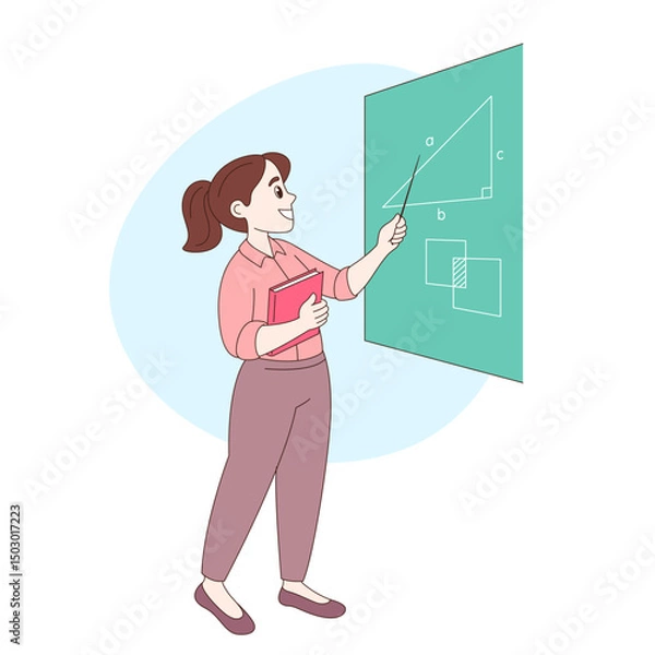 Fototapeta Young school teacher with a textbook and a pointer near the board teaching math, geometry. Simple cartoon style vector drawing, illustration