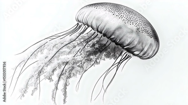 Fototapeta A stunning black and white illustration of a jellyfish, showcasing its delicate tentacles and smooth bell shape, perfect for art and design lovers.