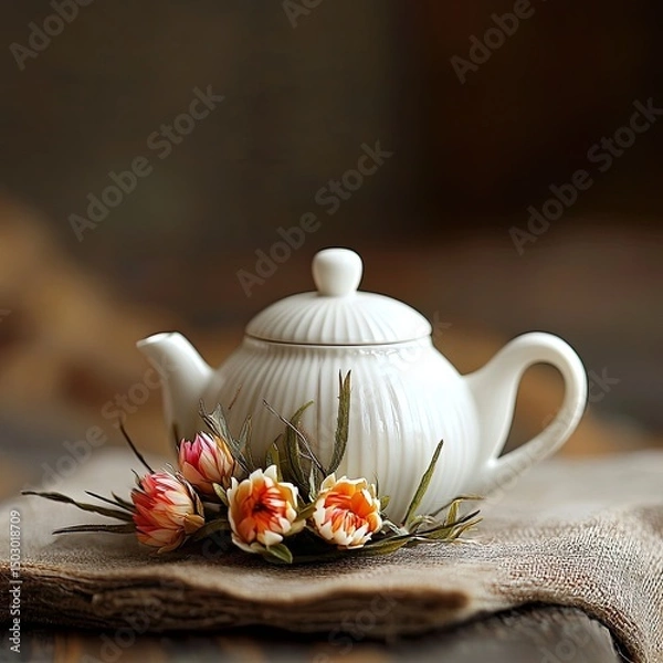 Obraz White Ceramic Teapot with Blooming Tea Flowers in Warm Minimalist Setting