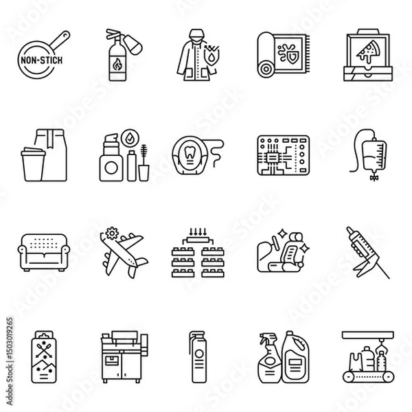 Fototapeta PFAS products black line icons set for digital and print projects.PFAS product