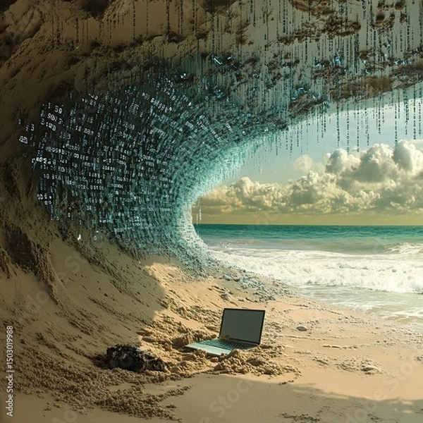 Obraz Surreal Beach with Binary Code Waves and a Laptop in the Sand