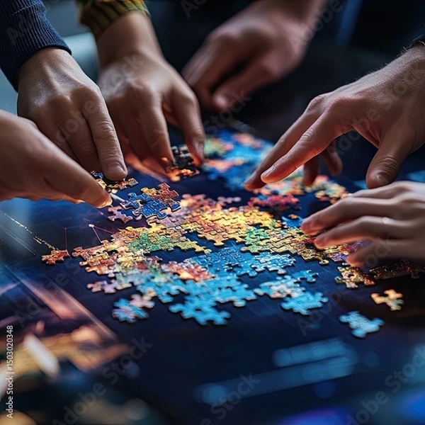Fototapeta Close-up of diverse hands assembling a 3D puzzle over a digital map