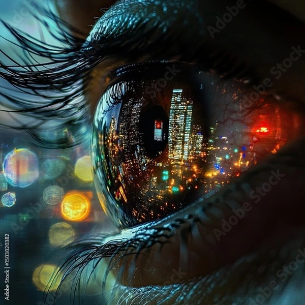 Fototapeta Close-Up of Eye with Reflection of City Lights