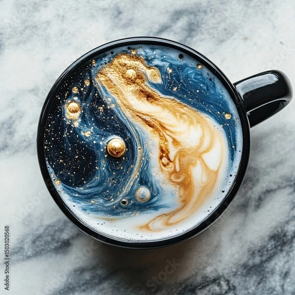 Fototapeta Coffee Cup with Galaxy Foam Art on Marble Background