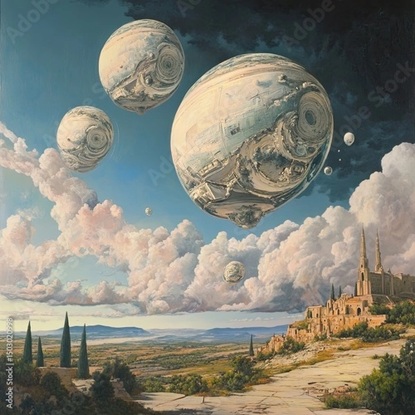 Obraz Dreamy Sky with Giant Floating Objects in Surreal Landscape