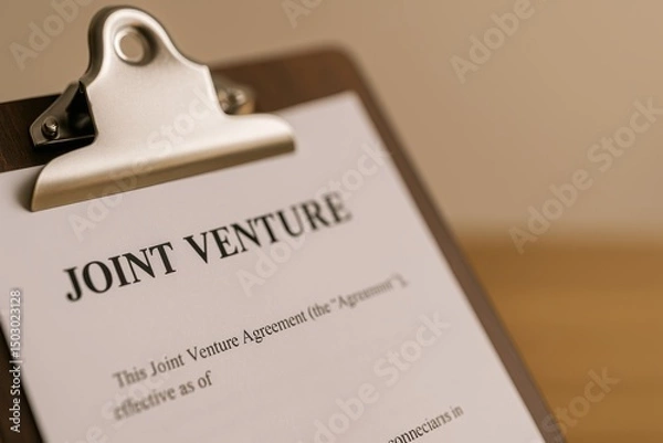 Fototapeta Joint Venture Agreement Document on Clipboard with Soft Lighting and Blurred Background