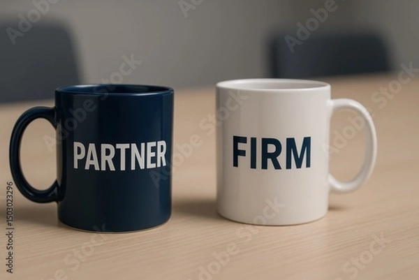 Fototapeta Coffee Mugs for Business Partnership with Words Partner and Firm on a Wooden Table Surface