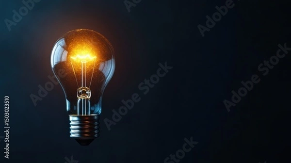 Fototapeta Single glowing electric bulb illuminates a dark background casting subtle light