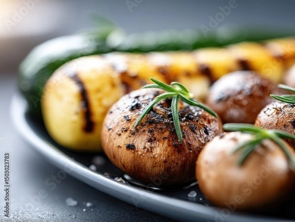 Fototapeta Grilled Mushrooms and Zucchini Served on a Plate with Fresh Rosemary