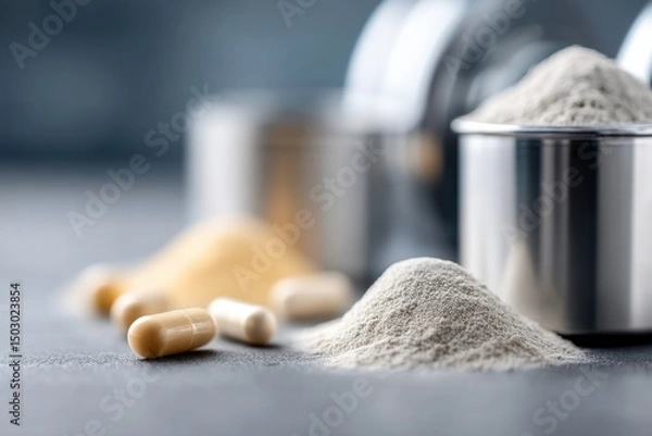 Fototapeta Nutritional Supplements: Protein Powder Piles and Capsules Presented on a Textured Surface