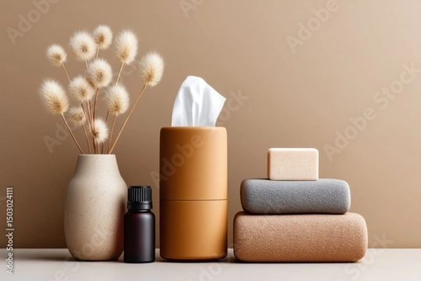 Fototapeta Spa Aesthetic Still Life with Dried Flowers, Aromatherapy Oil and Stacked Towels