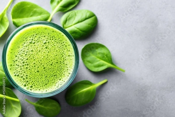 Fototapeta Green spinach smoothie in glass surrounded by fresh leaves on neutral surface