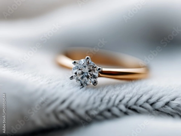Fototapeta Close-up of Gold Engagement Ring with Diamond Gem on a Knitted Textile