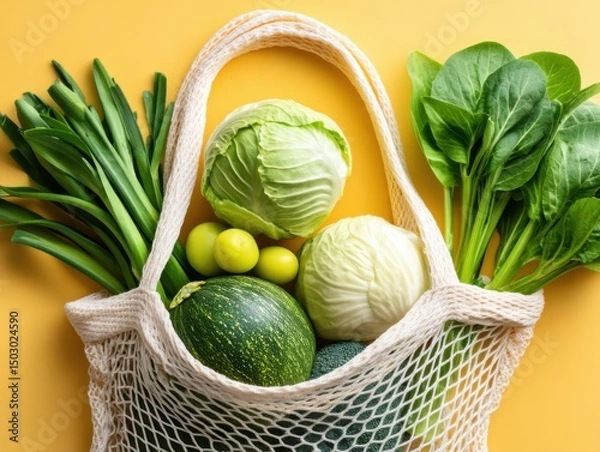 Fototapeta Fresh green vegetables and fruits in reusable grocery bag on bright yellow background
