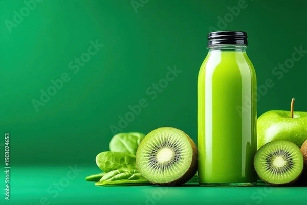 Fototapeta Green Smoothie Beverage in Glass Bottle with Kiwi and Apple on Green