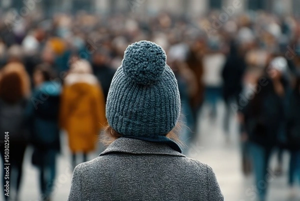 Fototapeta Rear View of a Woman in Beanie Walking in a Crowded Outdoor Area