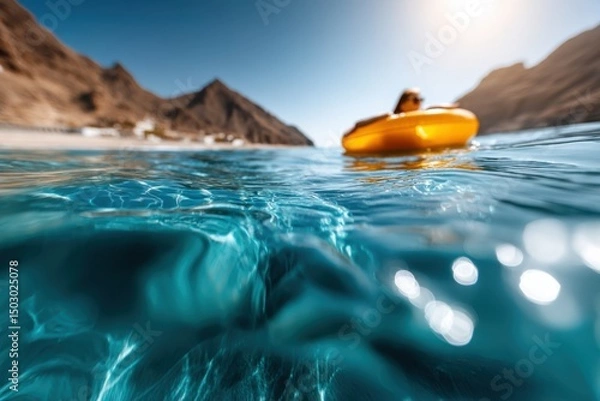 Fototapeta Person Floating on Yellow Inflatable in Ocean Water Near Shoreline