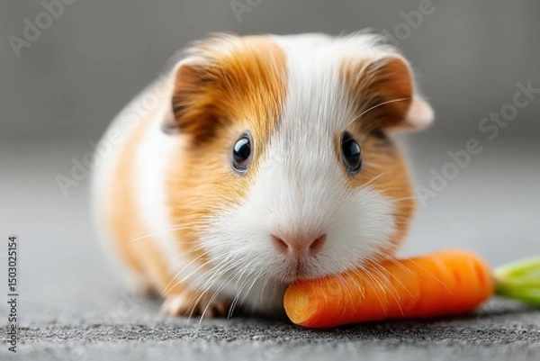 Fototapeta Adorable Guinea Pig with Orange and White Fur Resting its Head on a Carrot