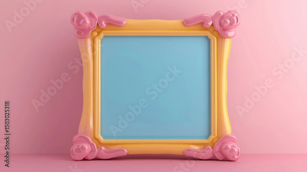 Obraz Cartoon picture frame, 3d toy, isolated on pink background. 3d illustration.