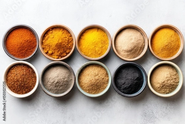 Fototapeta Assortment of Spices and Powders in Bowls Displayed on Gray Textured Surface