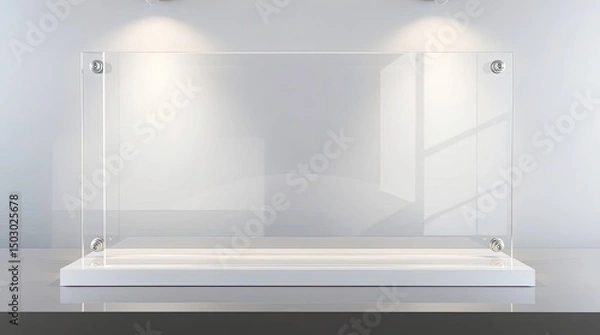 Fototapeta A clear acrylic display case with metal fasteners on a white base under bright lighting