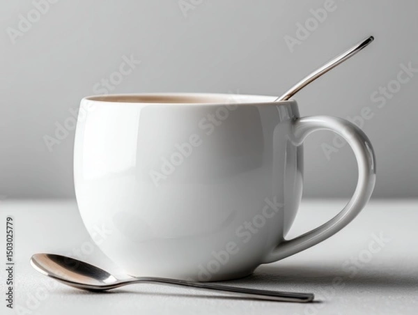 Fototapeta White Ceramic Cup with Beverage and Silver Spoon on Neutral Background