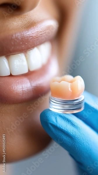 Fototapeta Close-up of a Black Woman's Smile with Dental Crown held by gloved hand