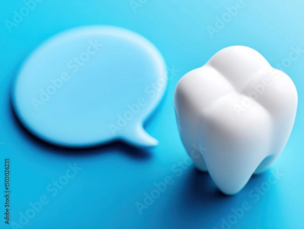 Fototapeta Dental Health Message with Tooth Model and Speech Bubble on a Blue Surface