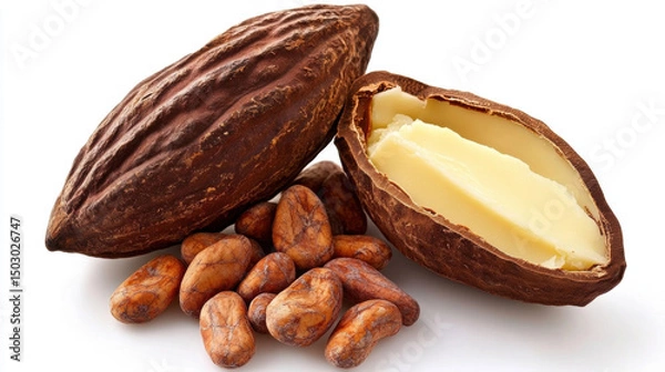 Fototapeta Aromatic cocoa beans and butter. Cocoa butter with nibs. Isolated on white background. Pieces of natural cocoa butter with cocoa beans and cocoa pod.
