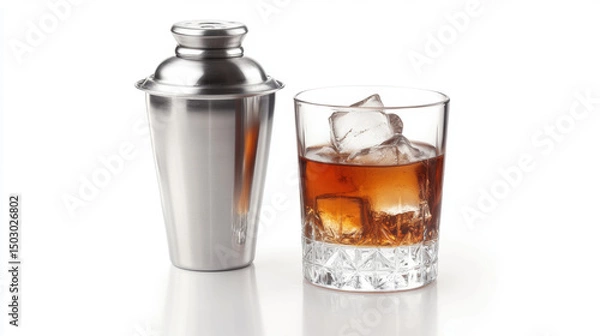 Obraz Cocktail shaker and whiskey tumbler on reflective surface. isolate on white background.