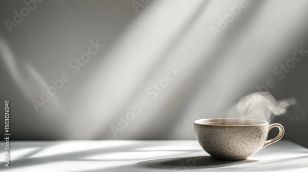 Fototapeta Ceramic Mug with Steaming Liquid on a Table in Sunlight