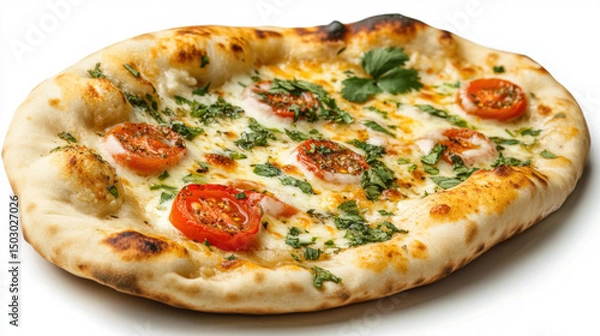 Obraz Colorful naan pizza with melted cheese, cherry tomatoes, and herbs, on rustic wooden, fusion cuisine concept ,Isolated on pure white. 