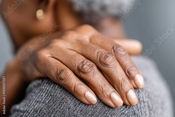 Fototapeta Hand of a Black Older Adult resting reassuringly on Another Person's Shoulder