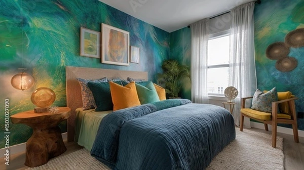Obraz Bedroom with a large bed in the center. the bed has a blue comforter and several colorful throw pillows in shades of blue, orange, and yellow.