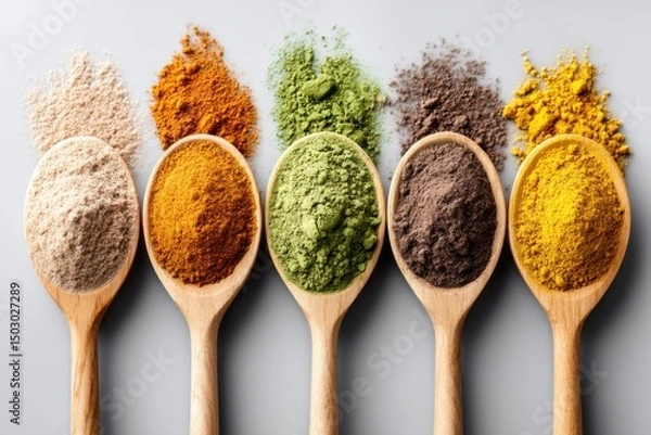 Fototapeta Assortment of Spices in Wooden Spoons on Gray Background
