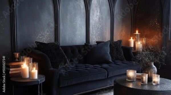 Obraz Luxurious living room with a dark blue velvet sofa in the center. the sofa has a tufted backrest and is upholstered in black velvet. there are several black throw pillows on the sofa.