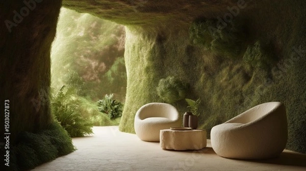 Obraz Room with a cave-like interior. the walls of the cave are covered in green moss and ferns, creating a natural and lush atmosphere.
