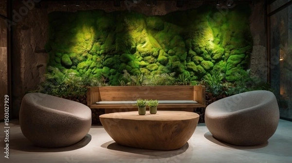 Obraz Modern living room with a large green wall in the background. the wall is made up of small rocks and plants, creating a natural and organic look.