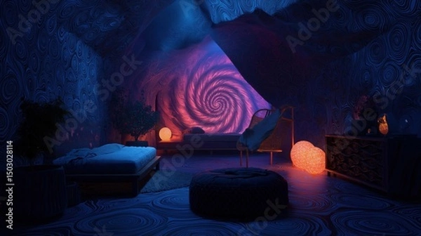 Obraz Bedroom with a dark and eerie atmosphere. the walls are covered in a blue and purple patterned wallpaper with a spiral design.
