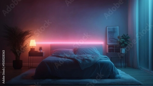 Obraz Modern bedroom with a large bed in the center. the bed is covered with a blue blanket and two white pillows. on either side of the bed, there are two nightstands with lamps and a potted plant.