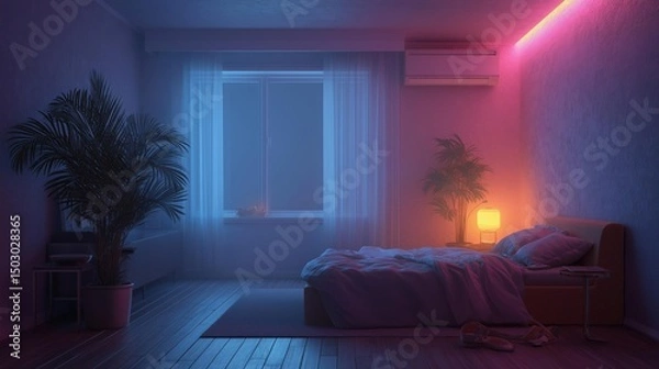 Obraz Bedroom with a large window on the left side of the room. the window has white curtains and is covered with a blue curtain. the room has a wooden floor and walls.