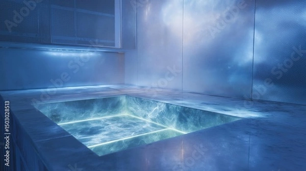 Fototapeta Empty room with a rectangular bathtub in the center. the bathtub is made of concrete and has a blue light shining on it, creating a warm and inviting atmosphere.