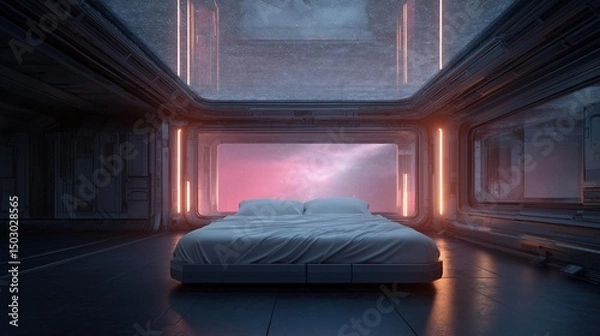 Obraz Futuristic bedroom with a large bed in the center. the bed is made up with white linens and two white pillows. the room has a high ceiling with a skylight that allows natural light to enter the space.