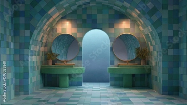 Fototapeta Modern and luxurious bathroom with a unique design. the walls are covered in blue and green mosaic tiles, creating a mosaic-like pattern.