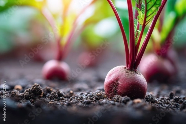 Fototapeta Beetroot Growing in a Vegetable Garden, Red Stems and Green Leaves Emerging from the Ground