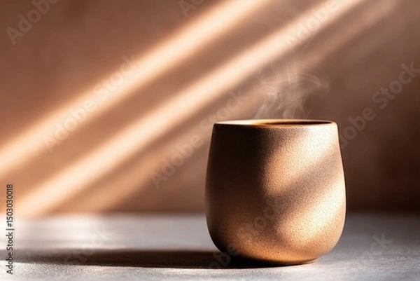 Fototapeta Hot Drink in a Beige Ceramic Cup with Steam Against a Wall with Sunlight