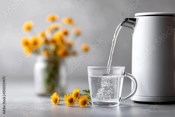 Fototapeta Pouring Water into Glass Mug with Flowers and Electric Kettle on Tabletop